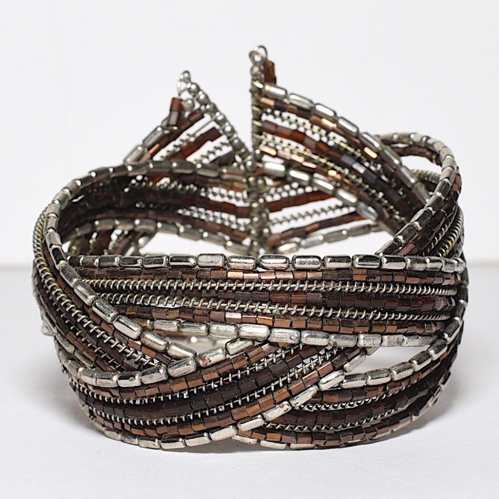 Braided Metallic Beaded Cuff Bracelet